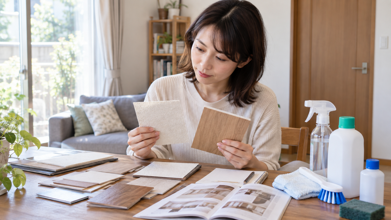日本の住宅で成人女性が壁紙と木材の素材見本と市販清掃用品の説明を机で確認する、薬剤は使わない