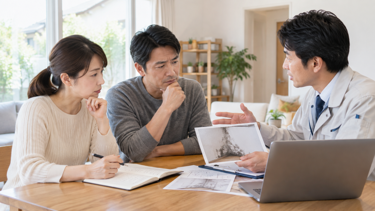 日本の住宅の明るい相談スペースで成人の住民がカビについて質問メモを見ながら専門担当者へ相談する