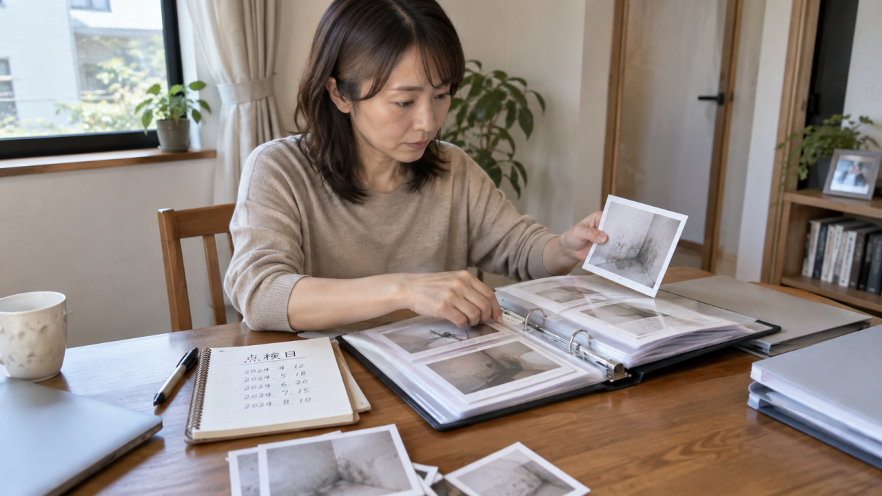 日本の住宅の机で住民が壁の写真と点検日をまとめたノートを保管用ファイルに整理する