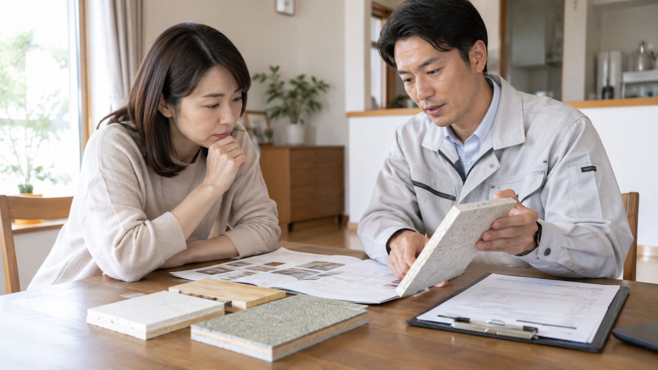 日本の住宅の机で住民と内装担当者が下地材の見本と見積書を見比べる