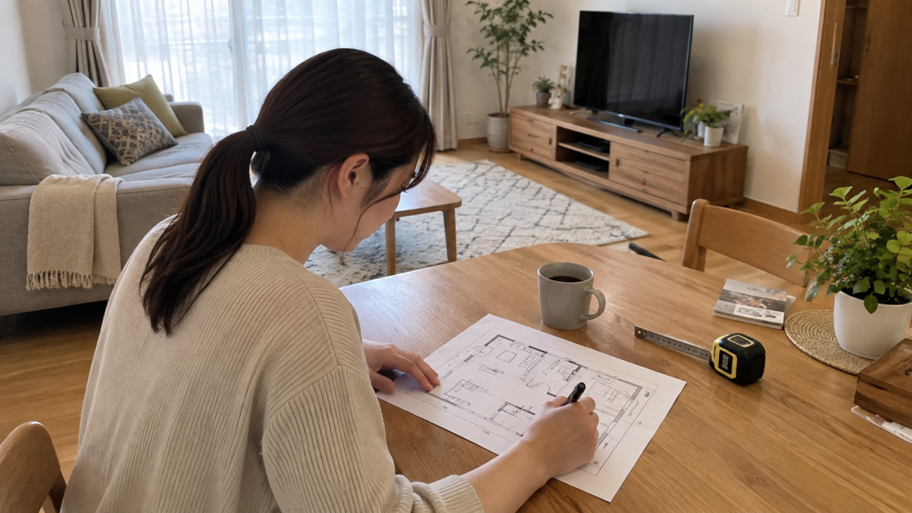 日本の住宅のリビングで住民が家具の配置を手書きの間取り図に記入する