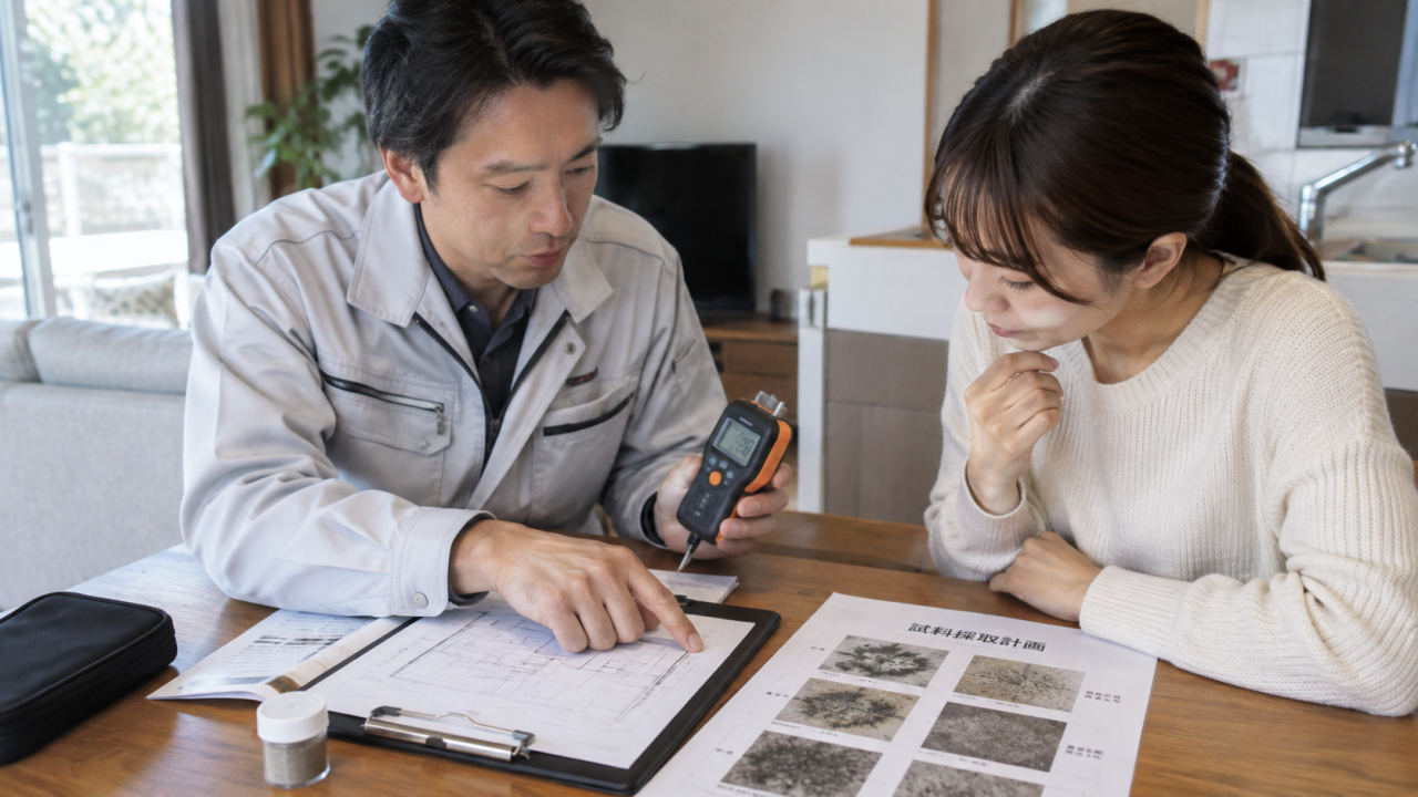 住宅の調査担当者と住民が机で水分計と試料採取計画の資料を確認する