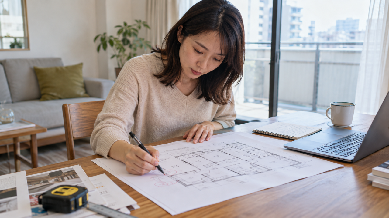日本のマンションの机で住民が間取り図に調べたい場所を書き込む