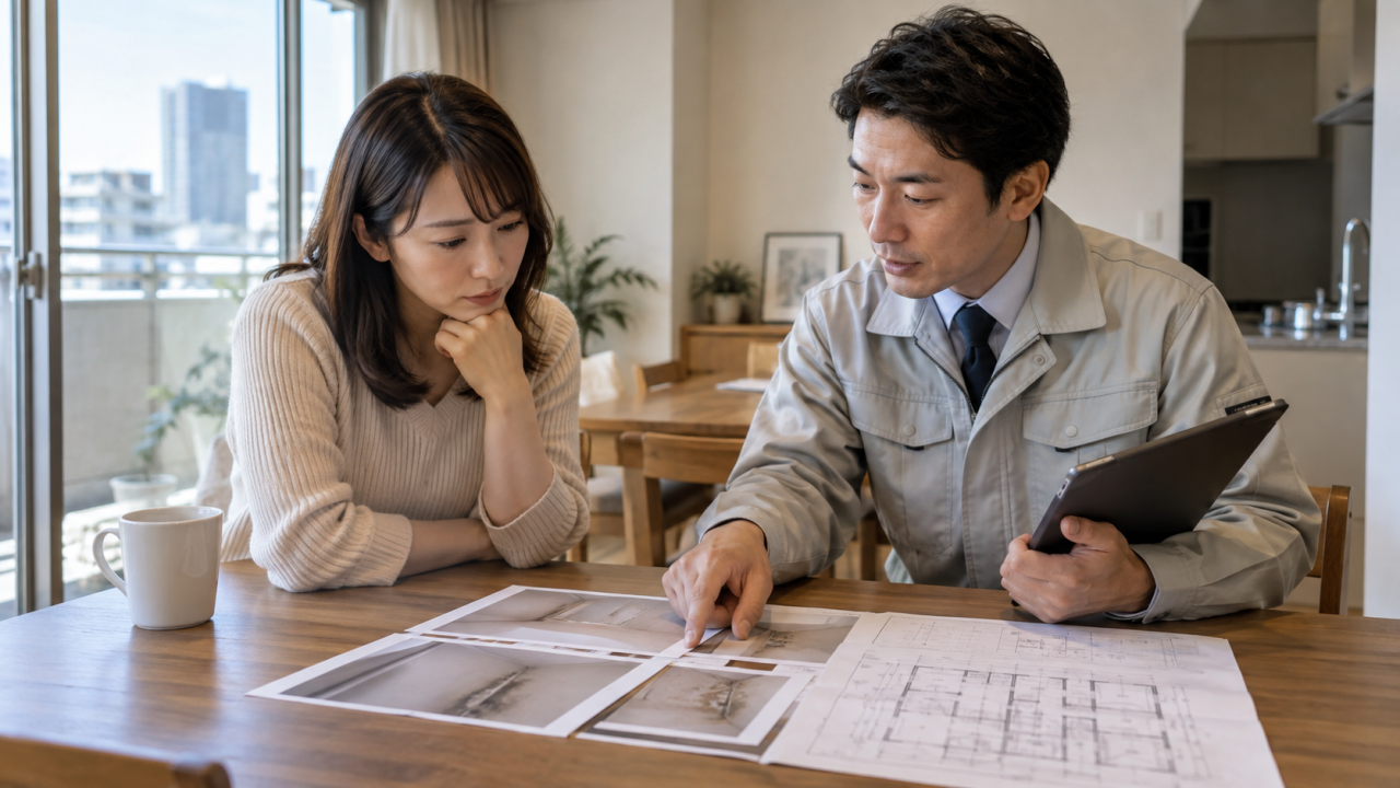 日本のマンションのダイニングで住民と管理担当者が部屋の写真と図面を確認する
