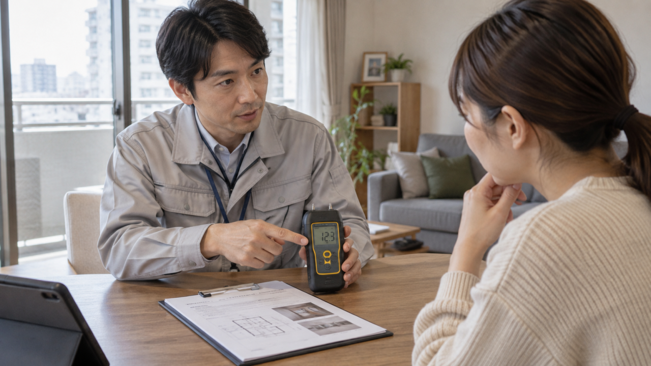 日本のマンションの室内で調査担当者が住民へ机上の水分計と調査計画書を説明する