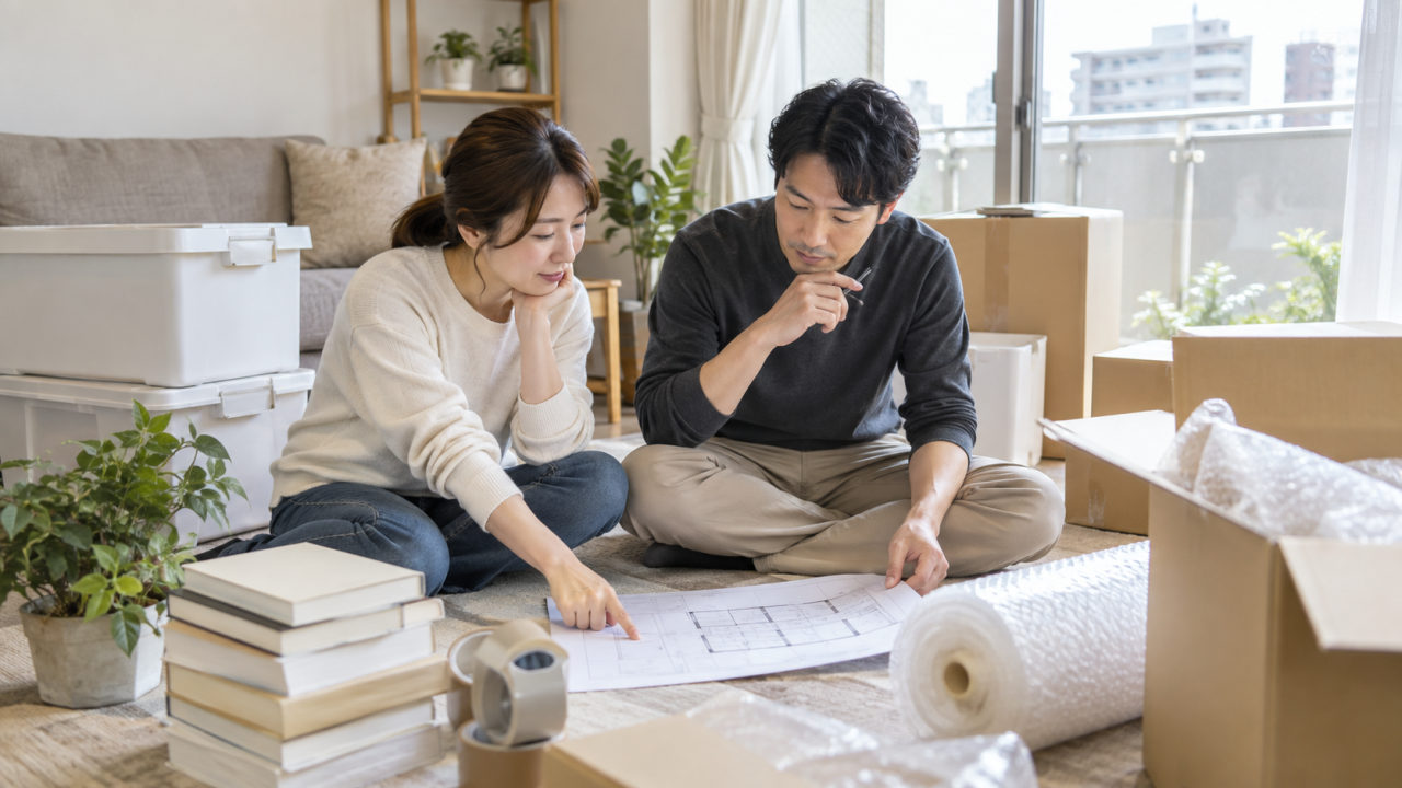 日本のマンションで清潔な収納箱と梱包材を準備して家財の移動計画を相談する成人の夫婦