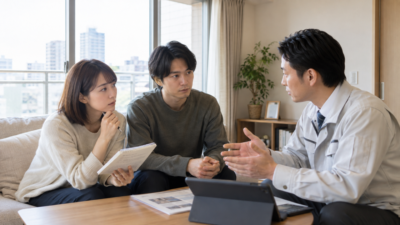 日本のマンションの明るい部屋で住民が相談メモを見ながら担当者へ質問する