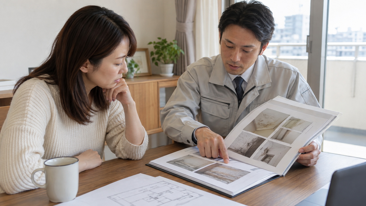 日本のマンションの机で住民と施工担当者が報告書と作業箇所の写真を確認する