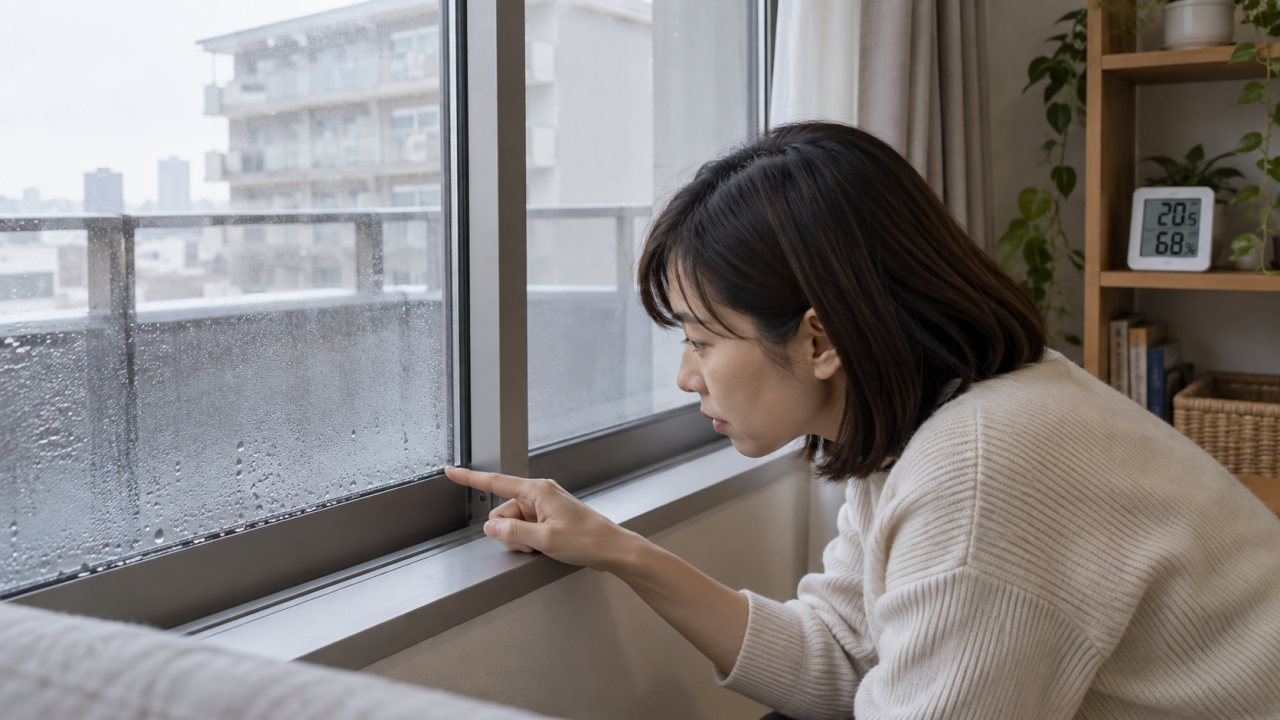 日本のマンションで住民が窓の下の水滴を目視し、棚に温湿度計がある