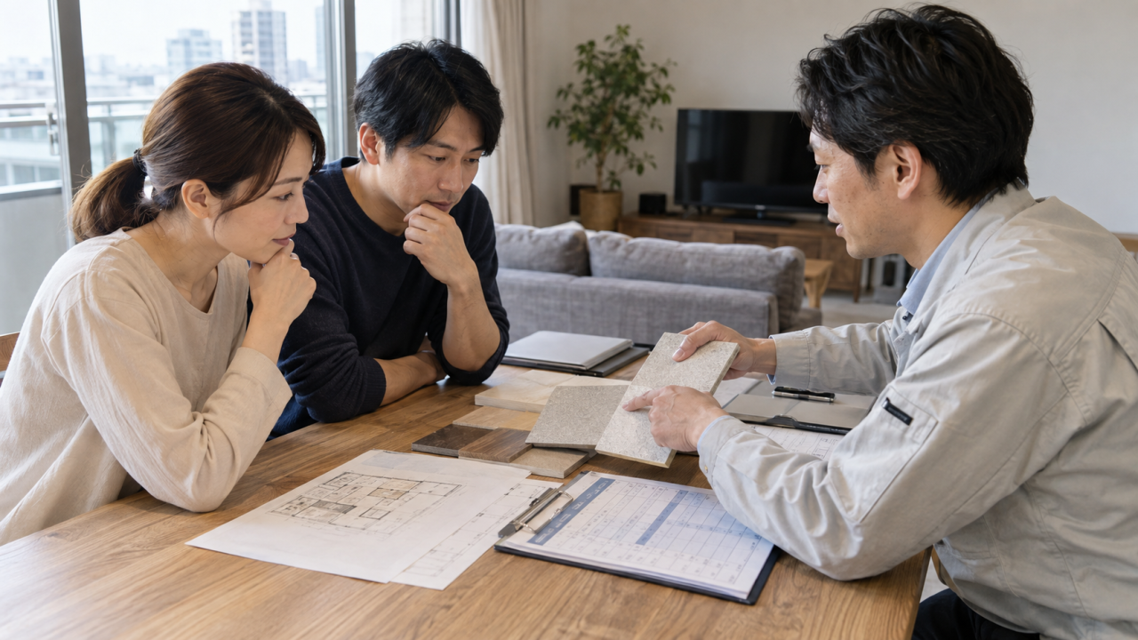 日本のマンションで住民と内装担当者が材料サンプルと工事予定表を相談する