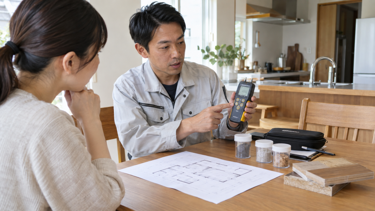 日本の住宅の机に水分計と試料採取用の密閉容器と部屋の図面を並べ、調査担当者が説明する