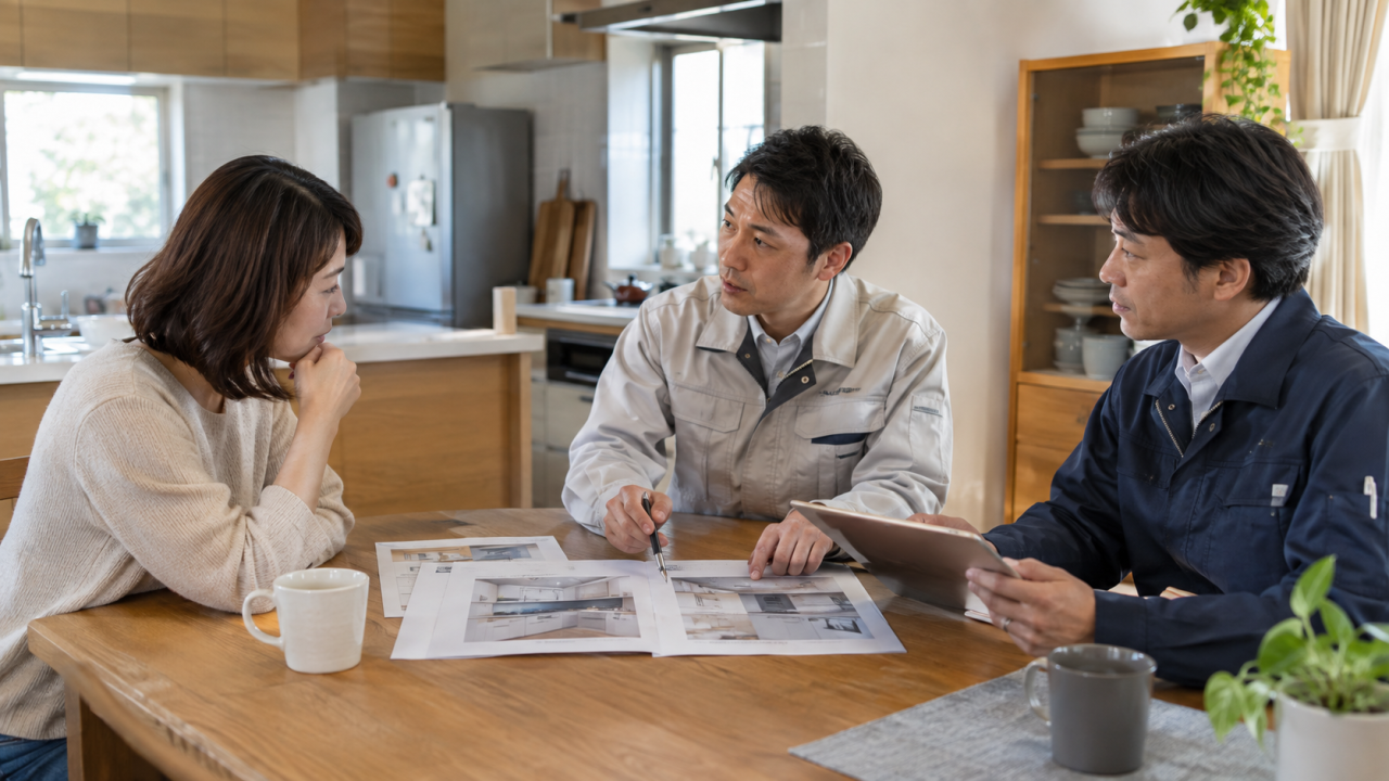 日本の住宅のダイニングで設備担当者と内装担当者が住民とキッチン修理の順番を相談する