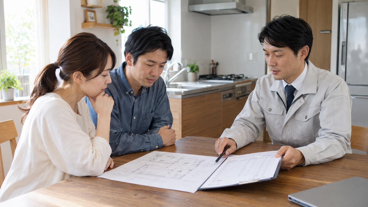 日本の住宅で住民がキッチンの略図と見積書を担当者と確認する