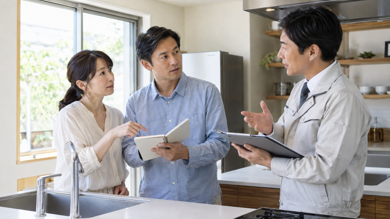 日本の住宅で成人夫婦がキッチン点検についてメモを見ながら相談担当者へ質問する