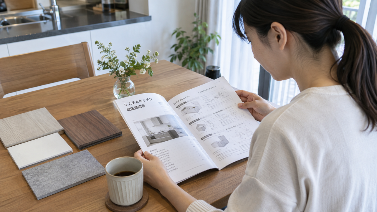 日本の住宅の机にキッチン取扱説明書と扉の素材サンプルを置き、住民が読んでいる