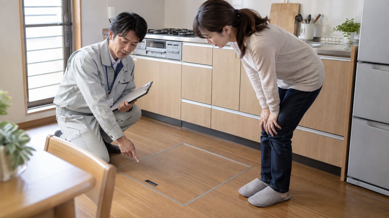 日本の住宅で住民と点検担当者が閉じた床下点検口の位置を確認する、床下へ入らない