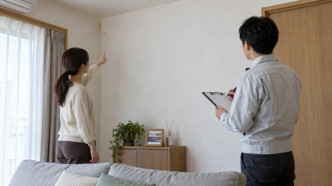 日本の住宅で住民が壁紙の端の浮きを離れた位置から確認し、担当者が記録する、壁紙は剥がさない