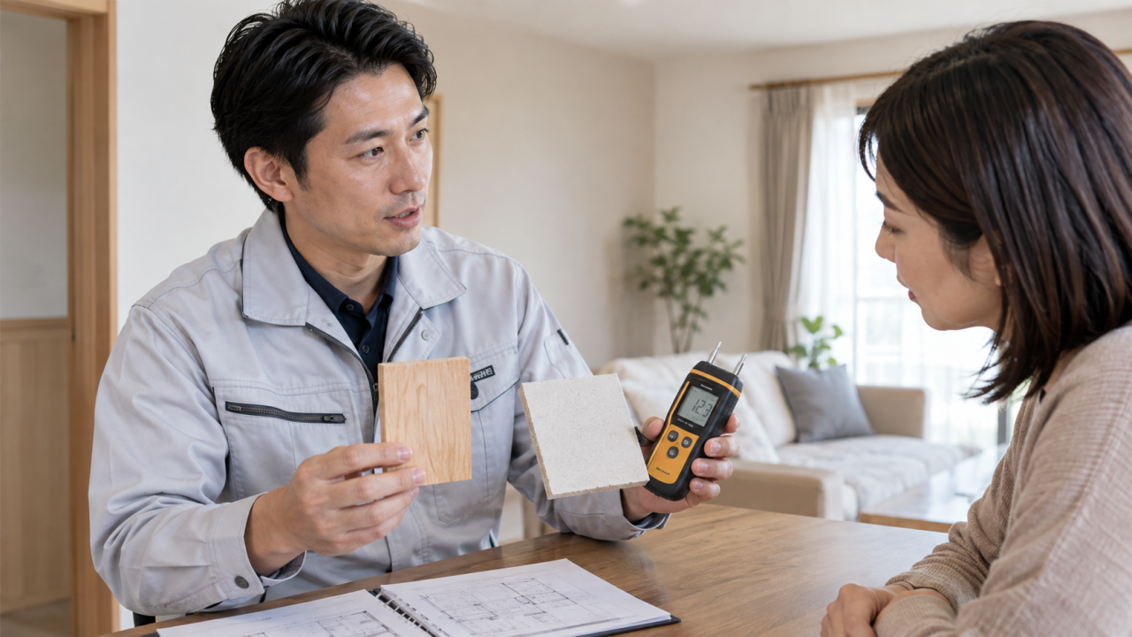 住宅点検の担当者が住民に木材と石膏ボードの小さな素材見本と水分計を説明する