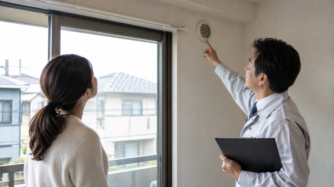 日本の住宅の窓と換気口を住民と建物の担当者が室内から目視して確認する