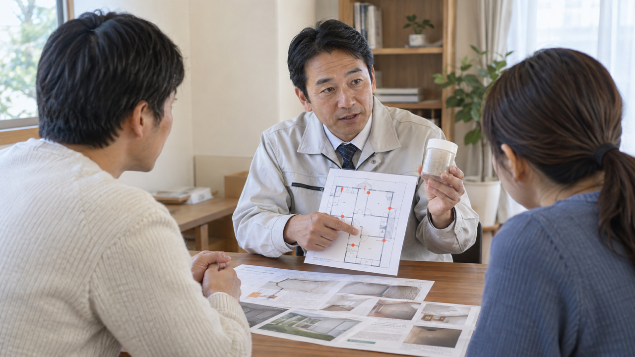 日本の住宅の相談机で専門担当者が採取位置の図と密閉した試料容器を住民へ説明する