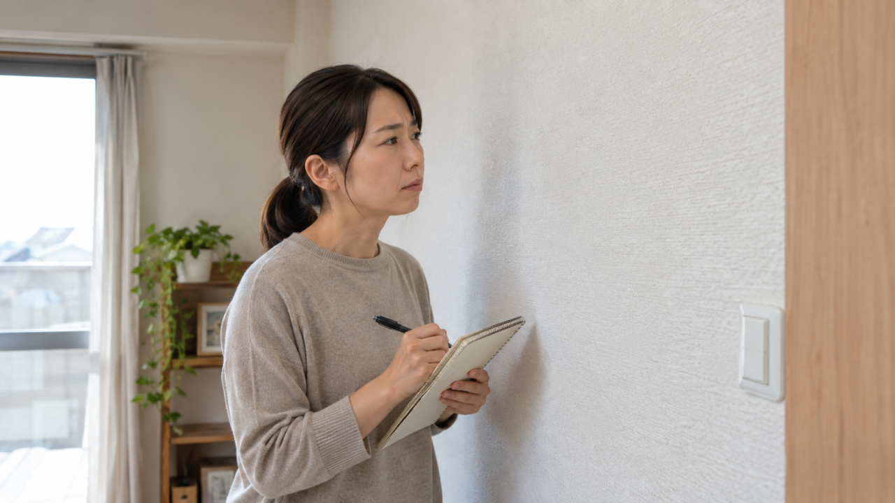 日本の住宅で住民が部屋の臭いを感じた時間と条件をノートへ記入する、鼻を壁に近づけない