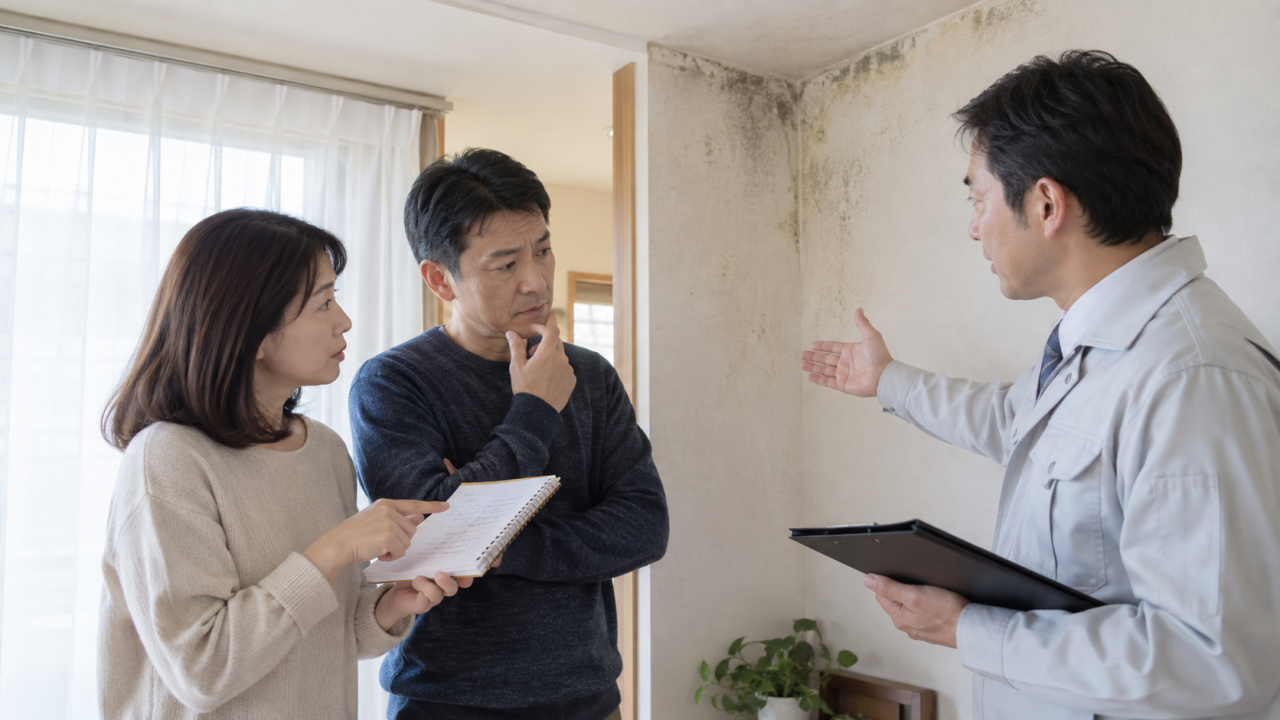 日本の住宅で成人夫婦が壁紙のカビについて質問メモを専門担当者に見せる