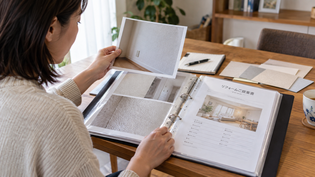 日本の住宅の机で住民が施工予定と壁の写真と書類を一つのファイルに整理する