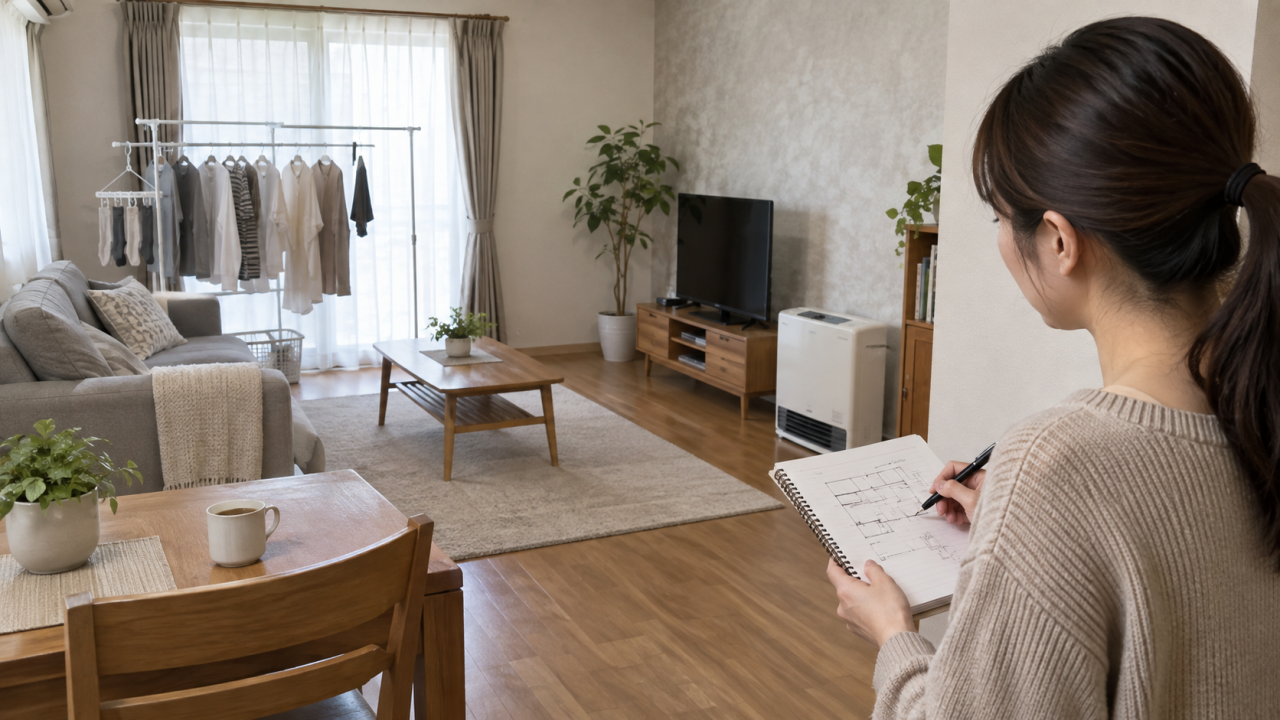 日本の住宅で住民が家具と室内干しの位置をノートへ記録する、暖房器具は運転していない
