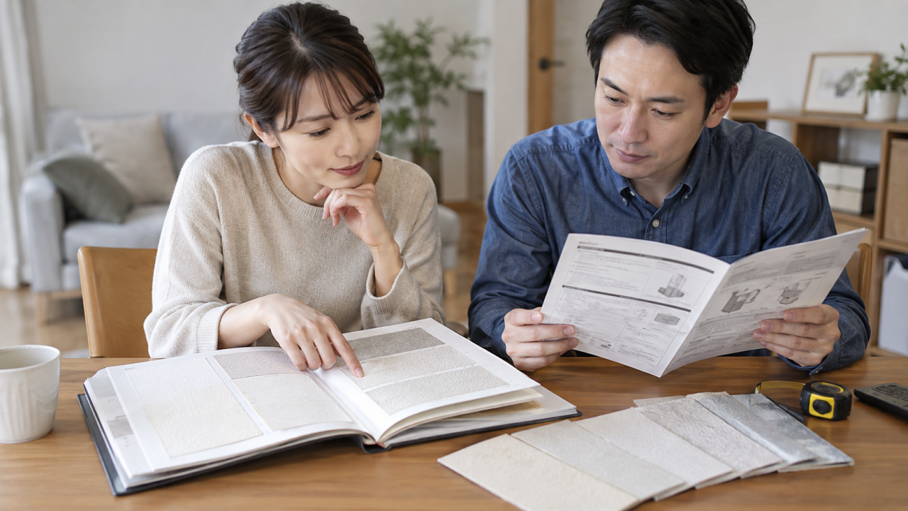 日本の住宅の机で住民が壁紙の見本帳と製品の取扱説明書を確認する