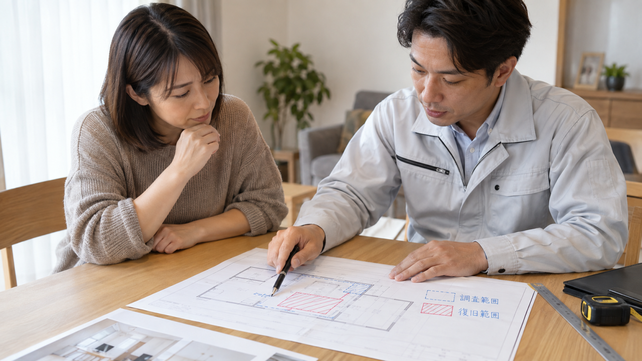 日本の住宅で住民と内装担当者が壁の図面に調査範囲と復旧範囲を記して相談する、壁は開けない