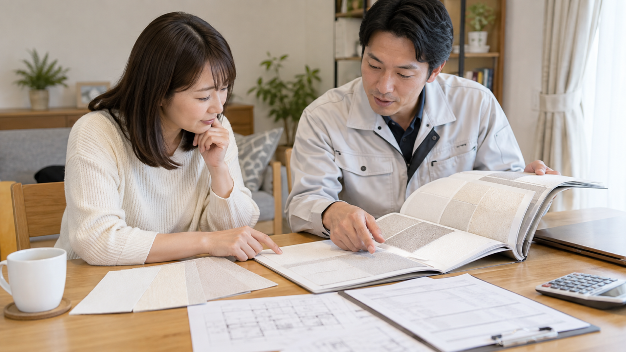 日本の住宅の机で住民と内装担当者が壁紙の見本と見積書の範囲を照合する