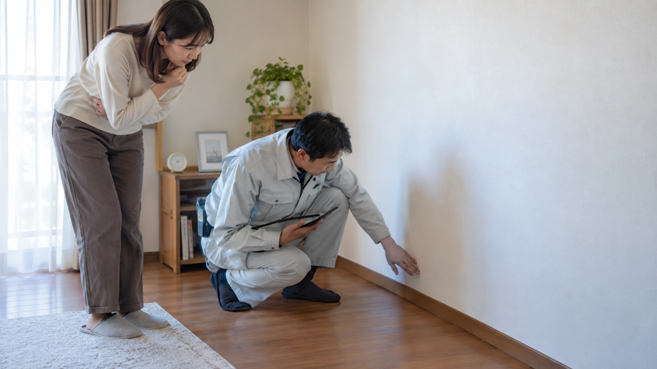 日本の住宅の壁と床の境目を離れて目視する住民と調査担当者、壁は開けない
