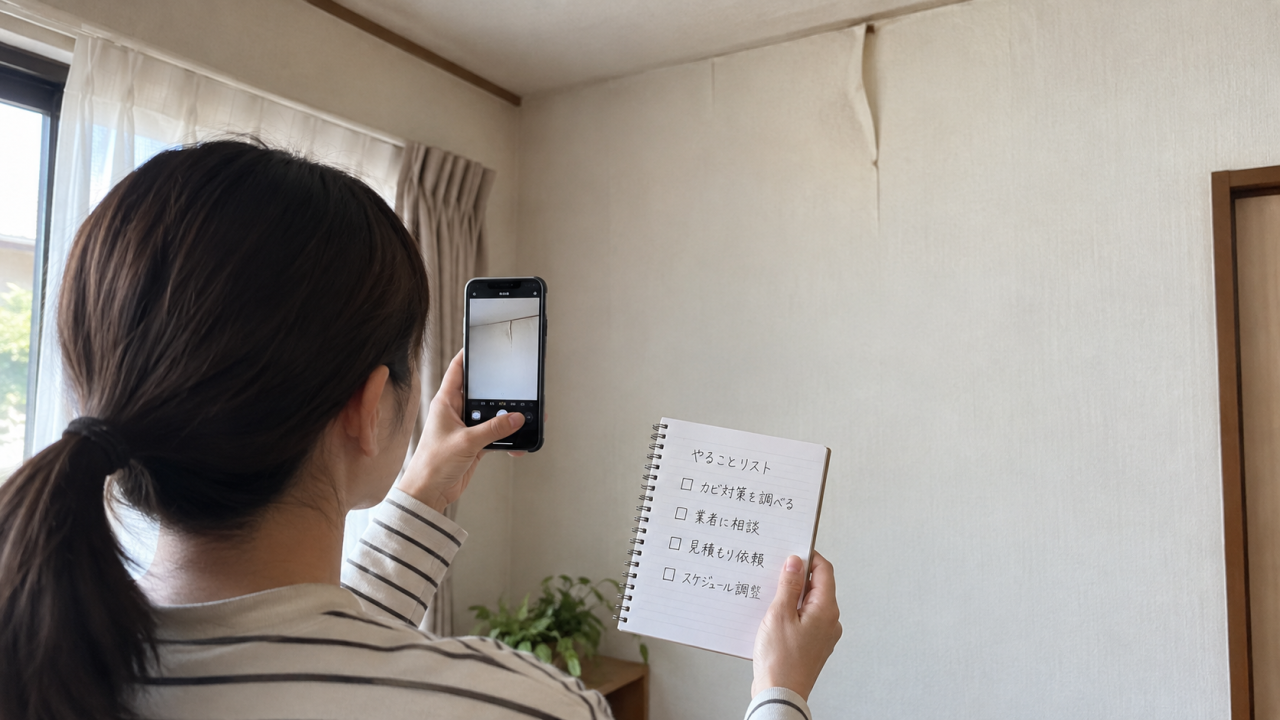 日本の住宅で住民が壁紙の浮きを遠くから撮影し生活予定のメモを持つ
