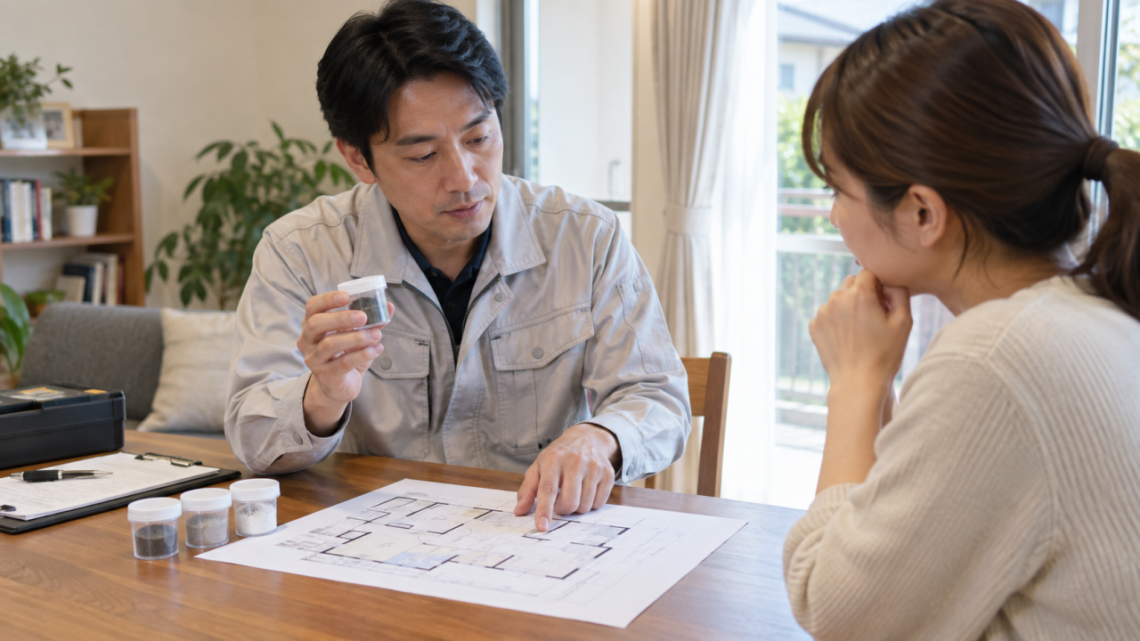日本の住宅の机で調査担当者が密閉試料容器と間取り図を用いて採取位置を説明する