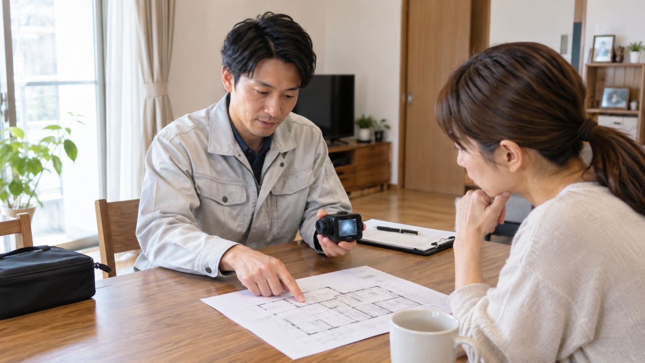 日本の机で点検担当者が小型カメラと部屋の図面を住民へ説明する、分解工事なし