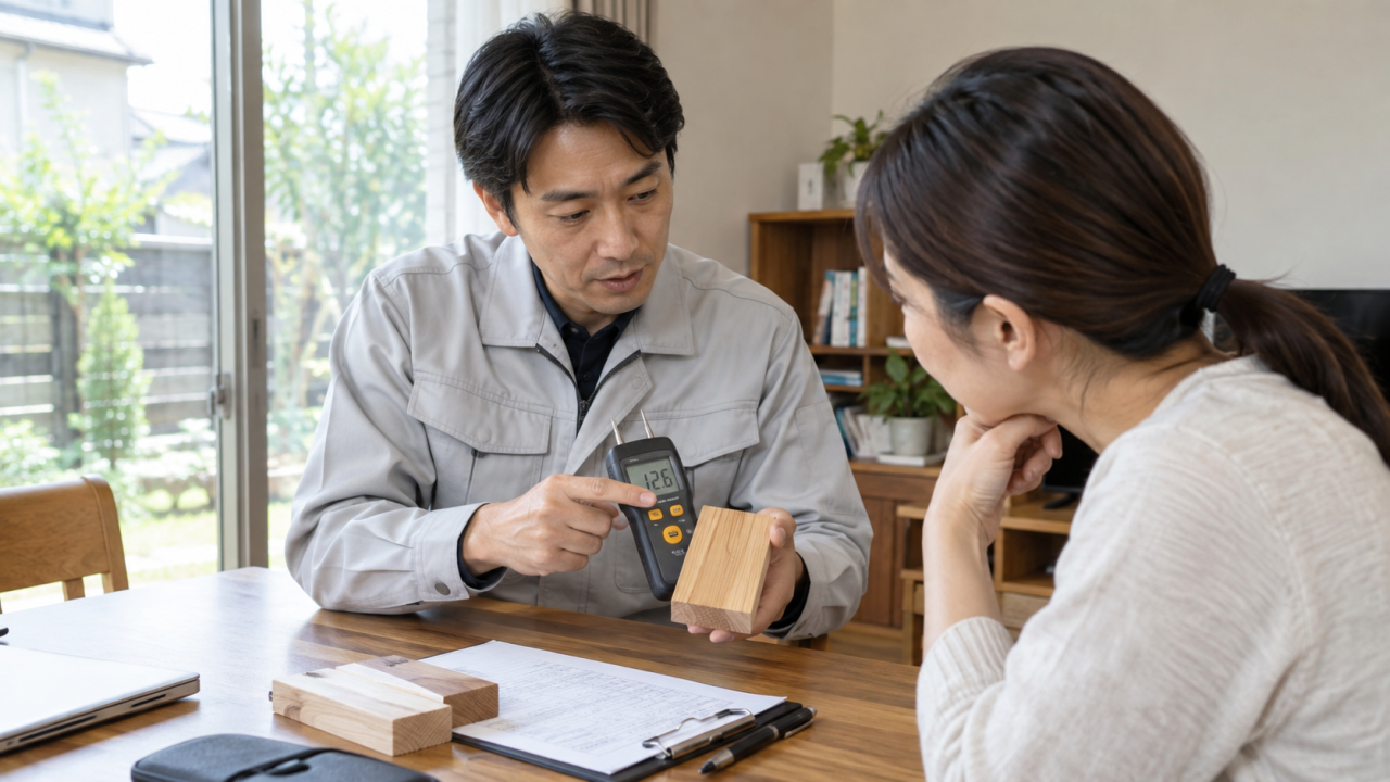 日本の住宅の机で調査担当者が水分計と木材試料と測定記録を住民へ説明する