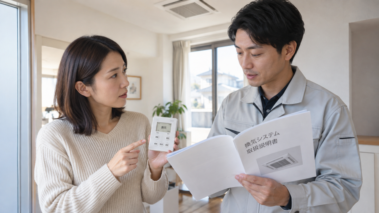 日本の室内で住民が換気設備担当者に運転用リモコンと説明書を見せる