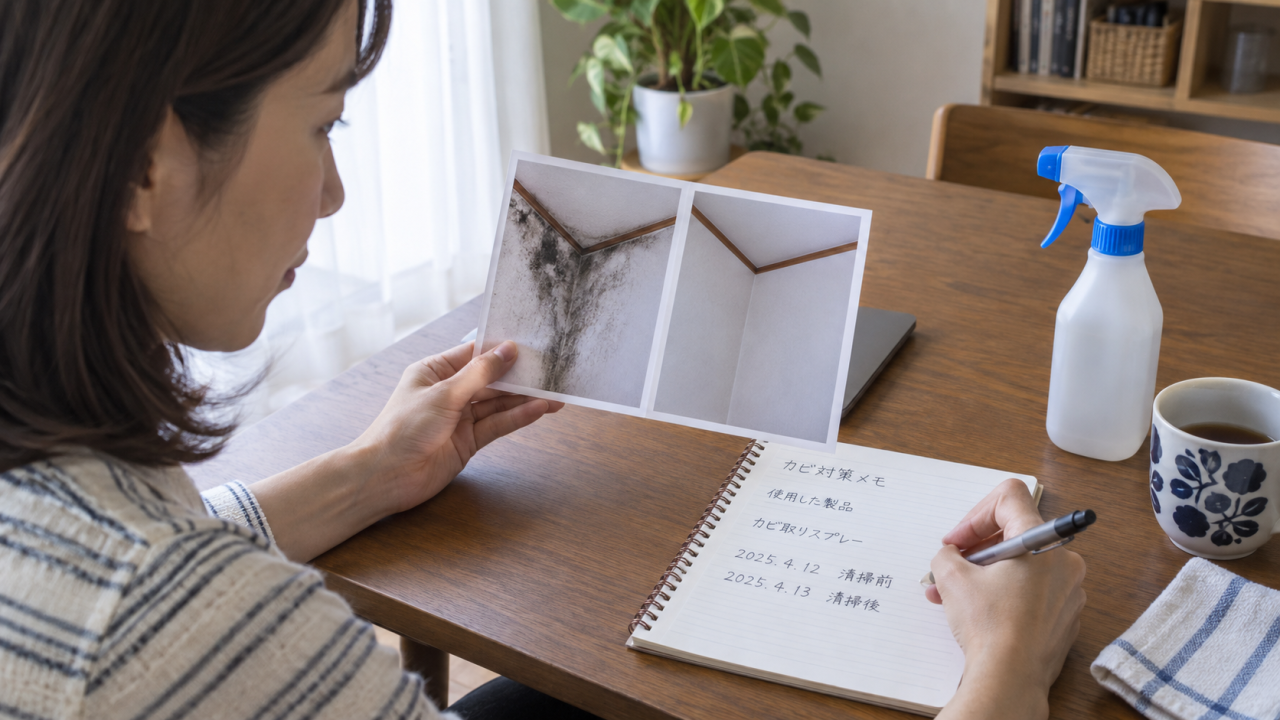 日本の机上で住民が清掃前後の写真を比較し製品名と日付をノートに書く