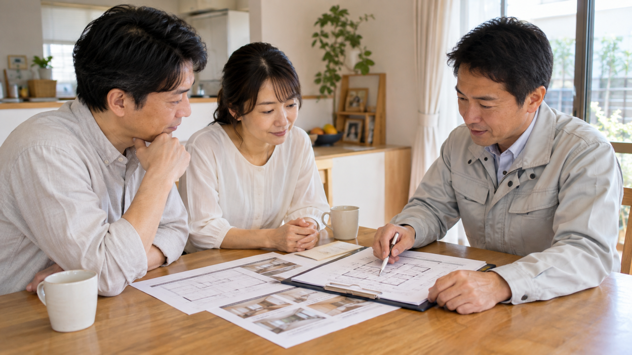 日本のダイニングで夫婦と施工担当者が部屋別の工事計画書を確認する