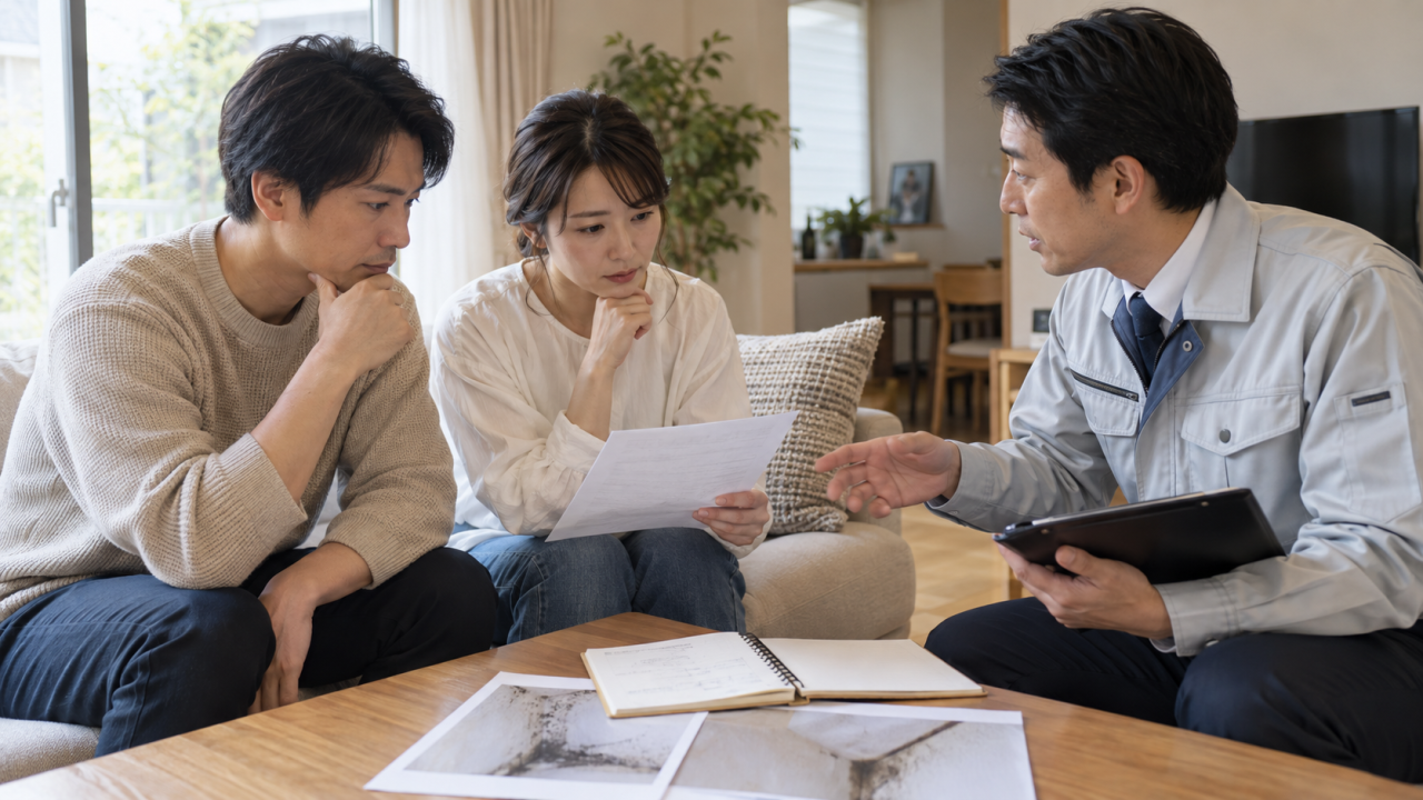 日本のリビングで夫婦が相談メモを見ながら調査担当者へ質問する