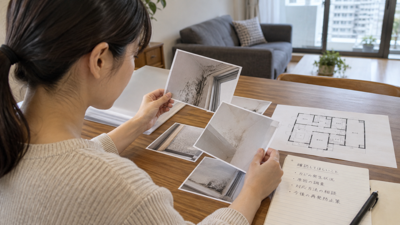 日本のマンションで住民が管理会社に渡す写真と間取り図とメモを机で整理する