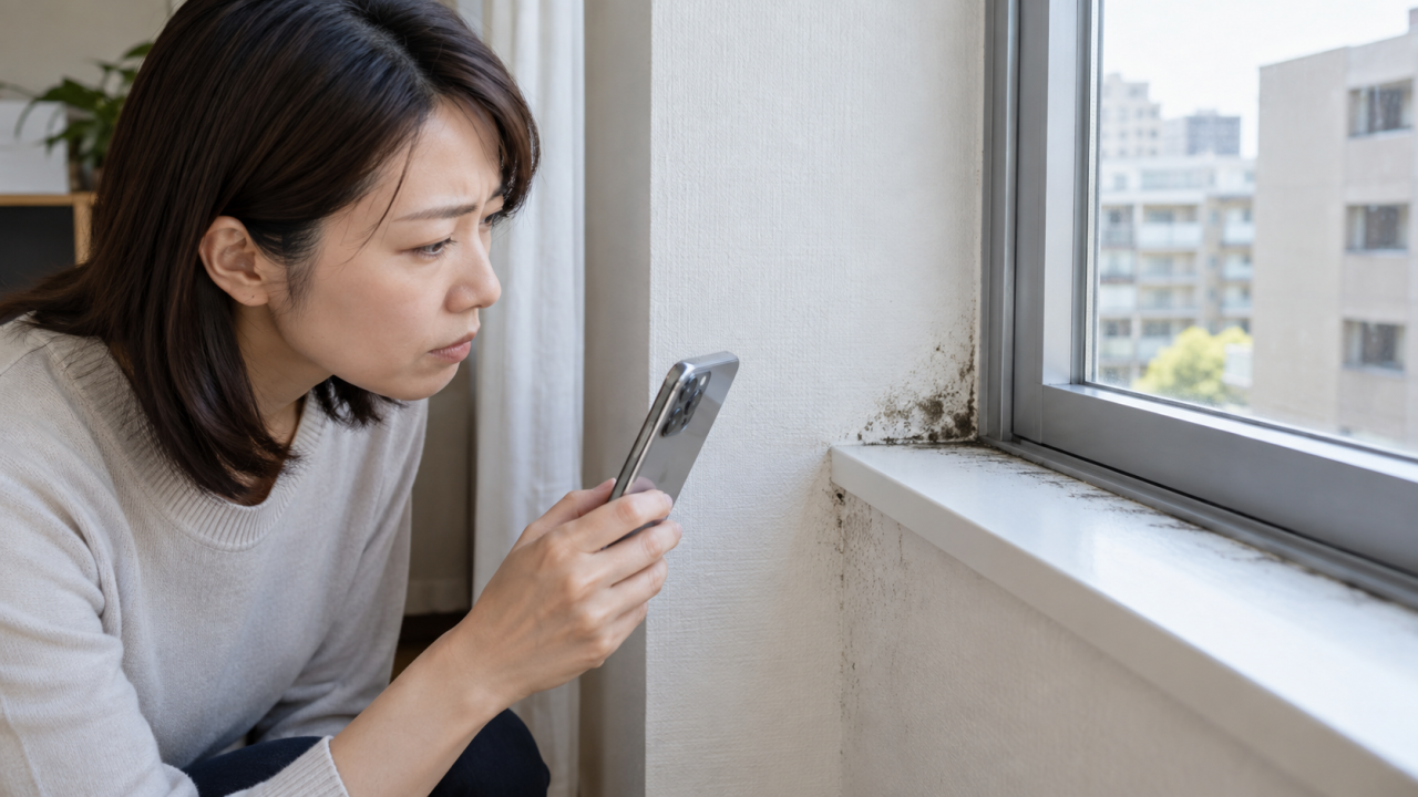 日本のマンションで窓台と壁の境目を目視する成人女性、触れず記録する