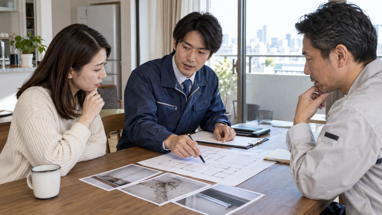 マンションのダイニングで住民と管理担当者と調査担当者が検査計画を確認する