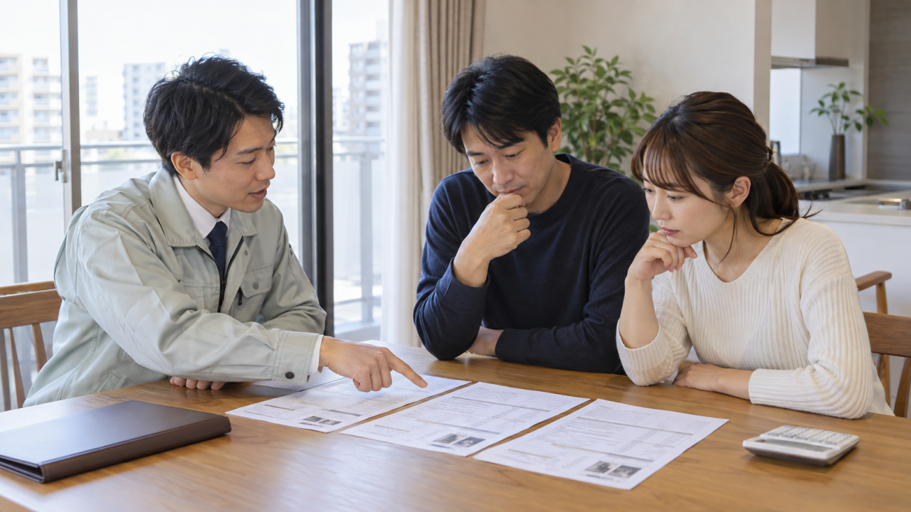 日本のマンションで住民と担当者が複数の見積書を比較する
