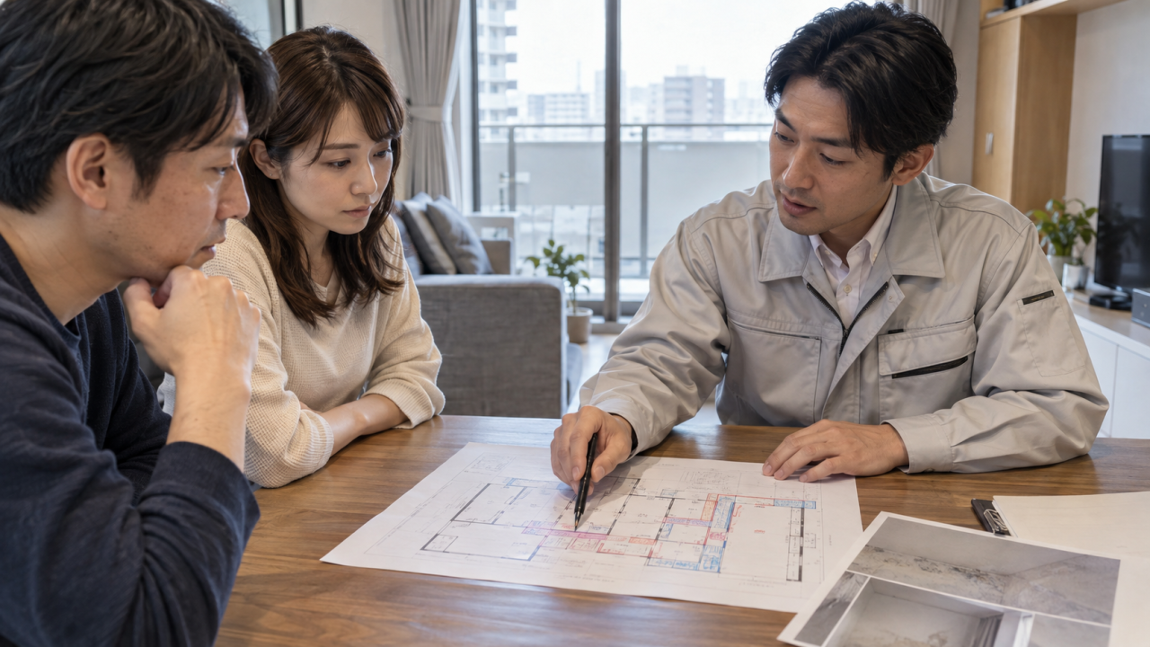 日本のマンションの机で担当者が壁の調査範囲と復旧範囲を図面上で住民へ説明する