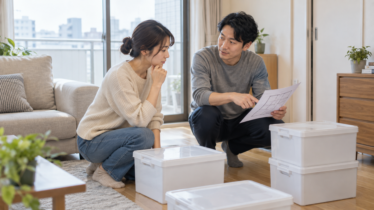 日本のマンションの部屋で夫婦が清潔な収納箱と家具移動の計画を相談する
