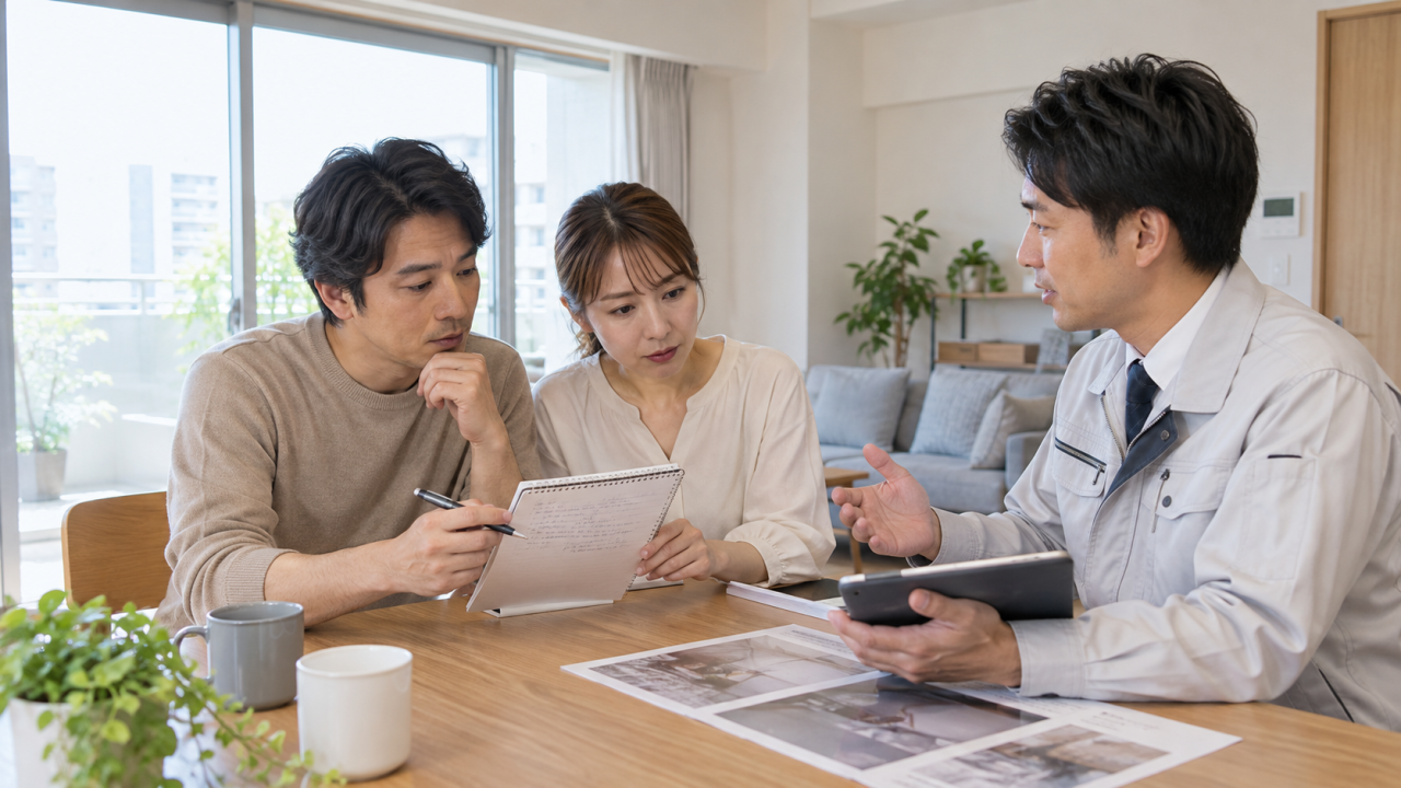 日本の明るいマンションの部屋で成人夫婦が質問メモを見ながら担当者へ相談する