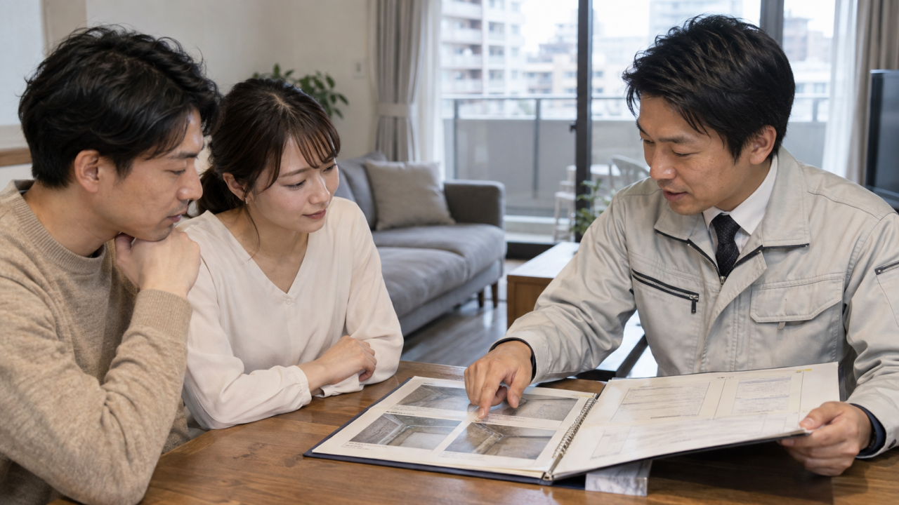 日本のマンションで住民と担当者が工事後の写真と報告書を見ながら引継ぎをする