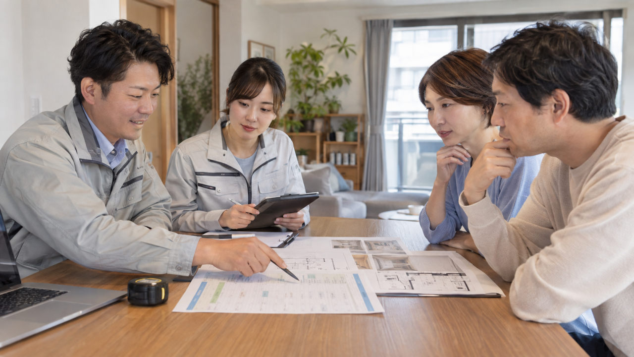 日本の住宅の机で設備担当と内装担当が工事日程を住民と相談する