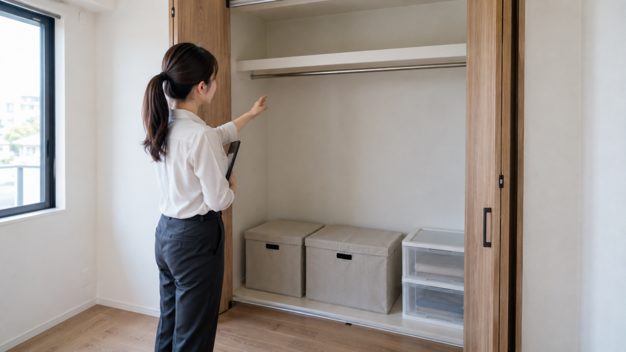 日本の住宅の開いたクローゼットで成人女性が収納箱と背面壁を目視する